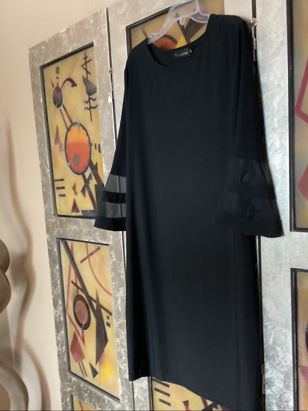 Black  Shift Dress with Sheer Stripe Bell Sleeves